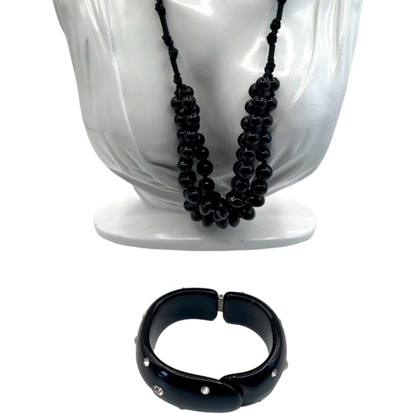 Vintage Elegant Black Beaded Necklace & Bracelet Set With Rhinestone N63 - Picture 1 of 7